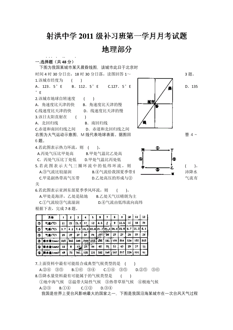 四川省射洪县射洪中学2014届高三上学期第一次月考地理（补习班）试题 WORD版含答案.doc_第1页