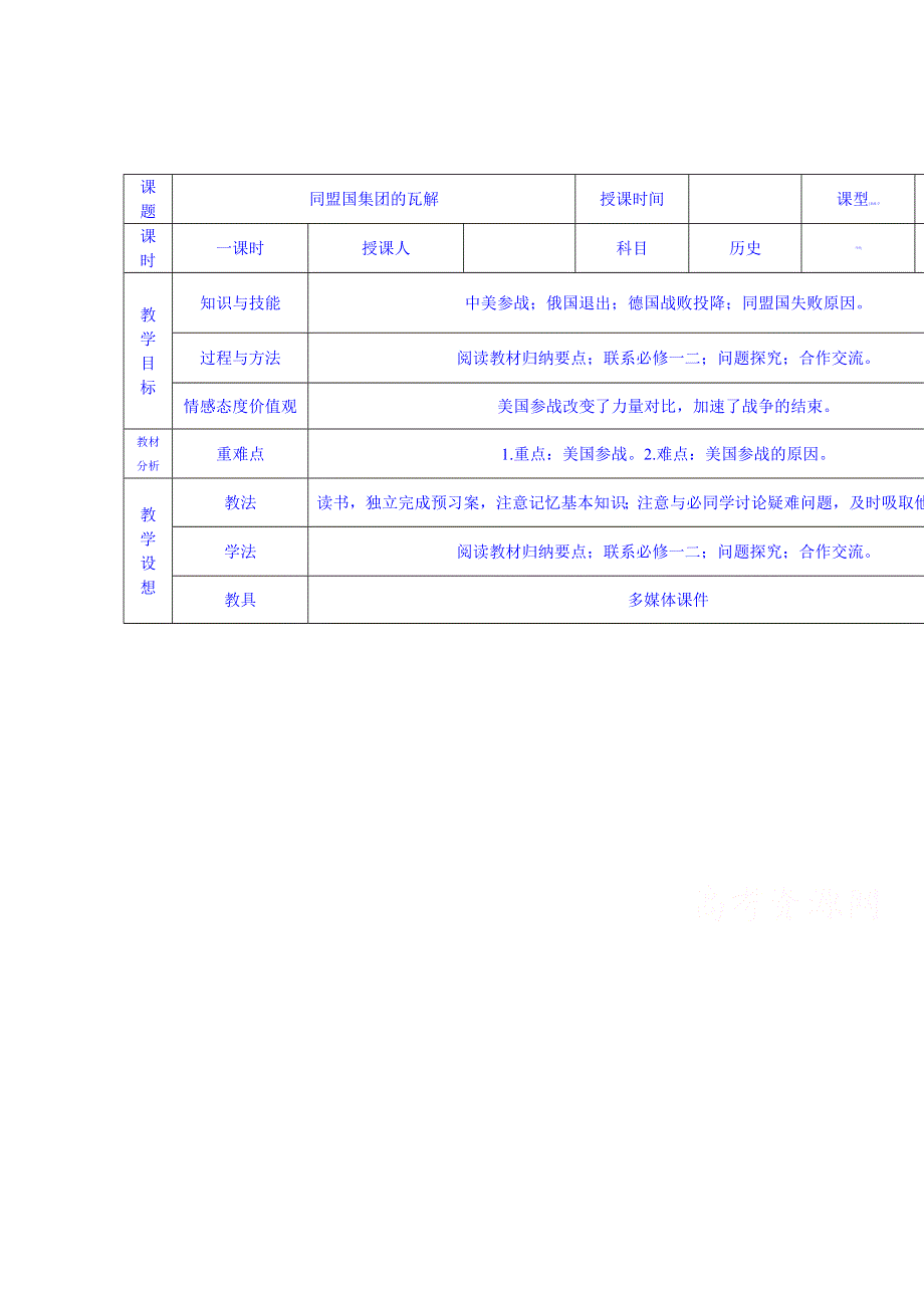 2015年人教版高中历史选修三教案 第1单元 第3课 同盟国集团的瓦解.doc_第1页