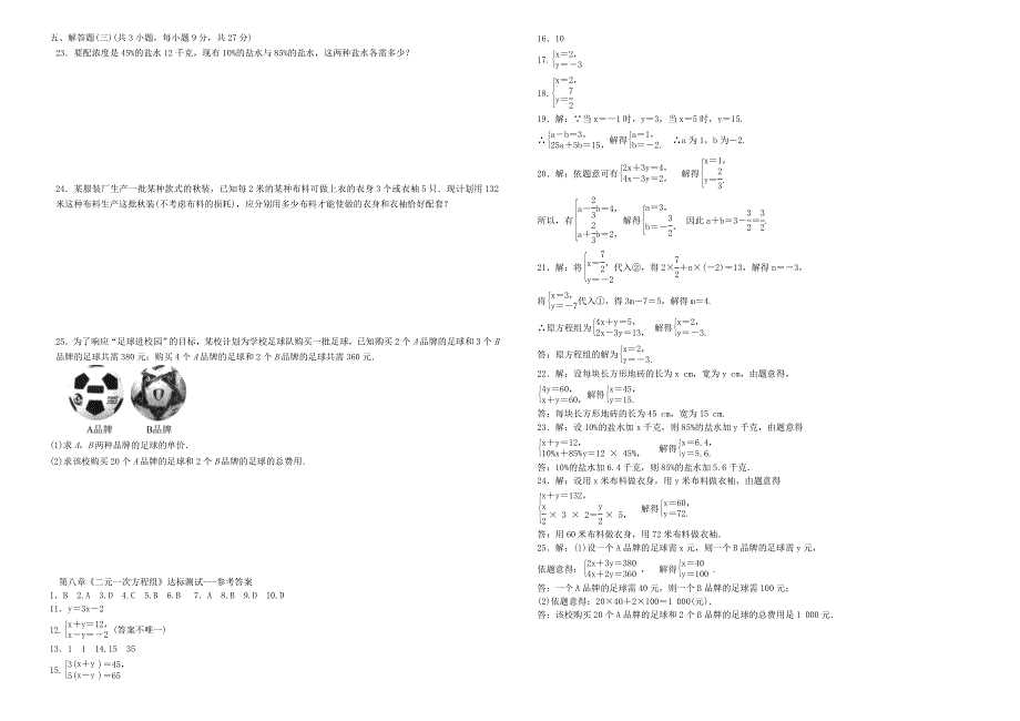 2020七年级数学下册 第八章《二元一次方程组》达标测试 （新版）新人教版.doc_第2页