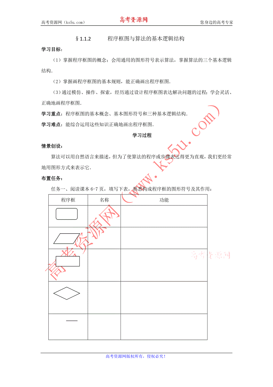 《名校推荐》河北省石家庄市第一中学高中数学必修三《1.1.2 程序框图与算法的基本逻辑结构》导学案 .doc_第1页