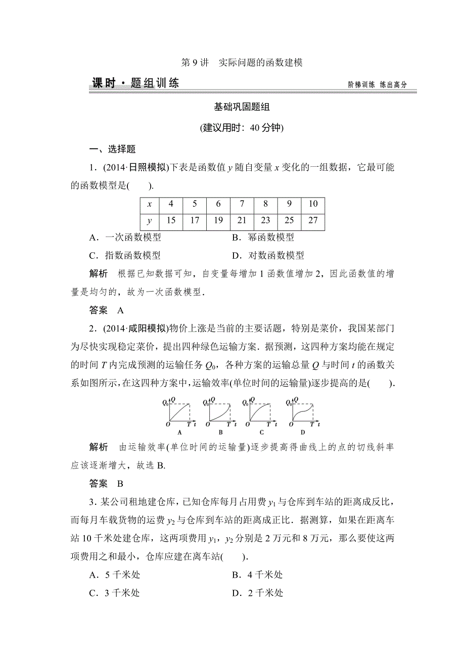 《创新设计》2015高考数学（北师大版）一轮训练：第2篇 第9讲 实际问题的函数建模.doc_第1页