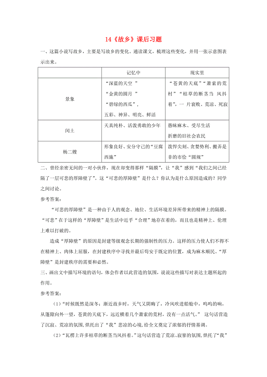 九年级语文上册 第四单元 14 故乡课后习题 新人教版.doc_第1页