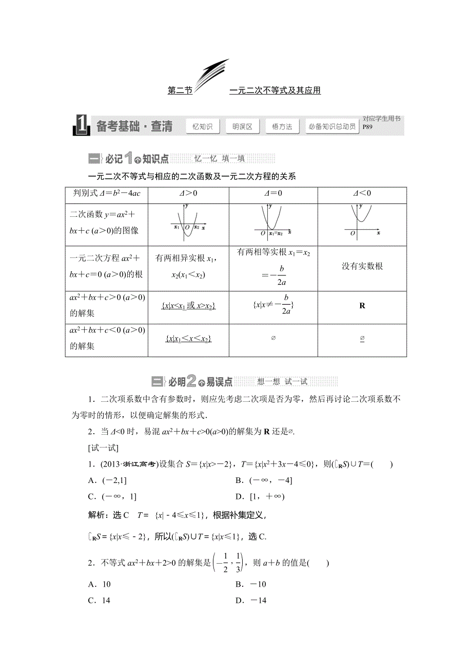 《与名师对话》2015年高考总复习数学（文北师大版）配套文档：第6章　第2节 一元二次不等式及其应用.doc_第1页