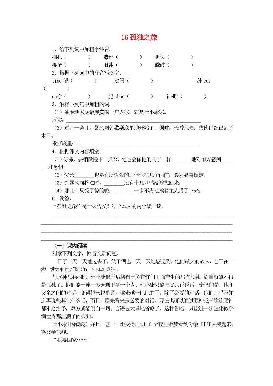 九年级语文上册 第四单元 16孤独之旅同步训练 新人教版.doc_第1页