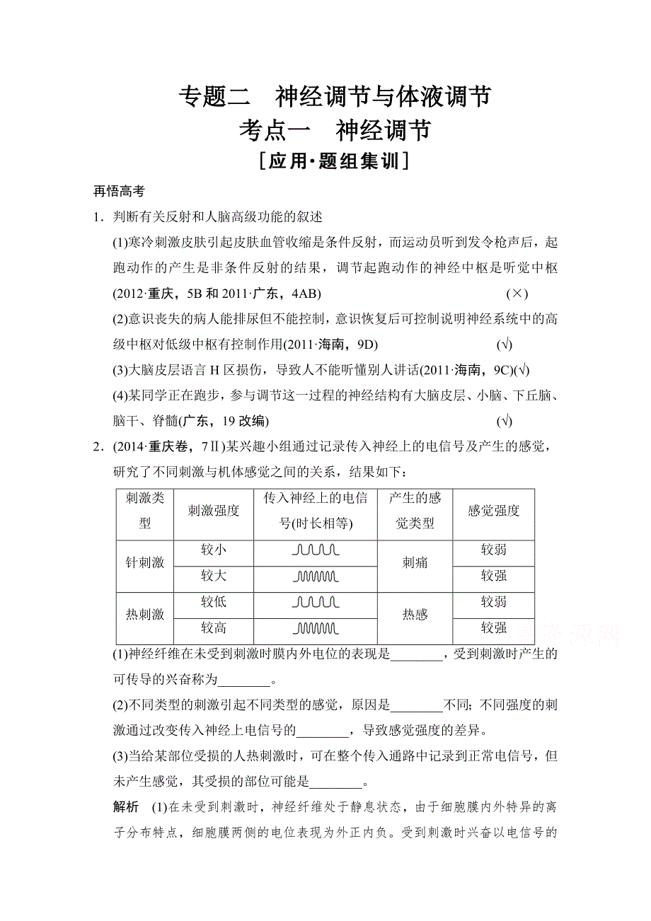 《创新设计》2015版生物二轮专题复习（江苏版）应用题组集训4-2-考点1 神经调节 .doc_第1页