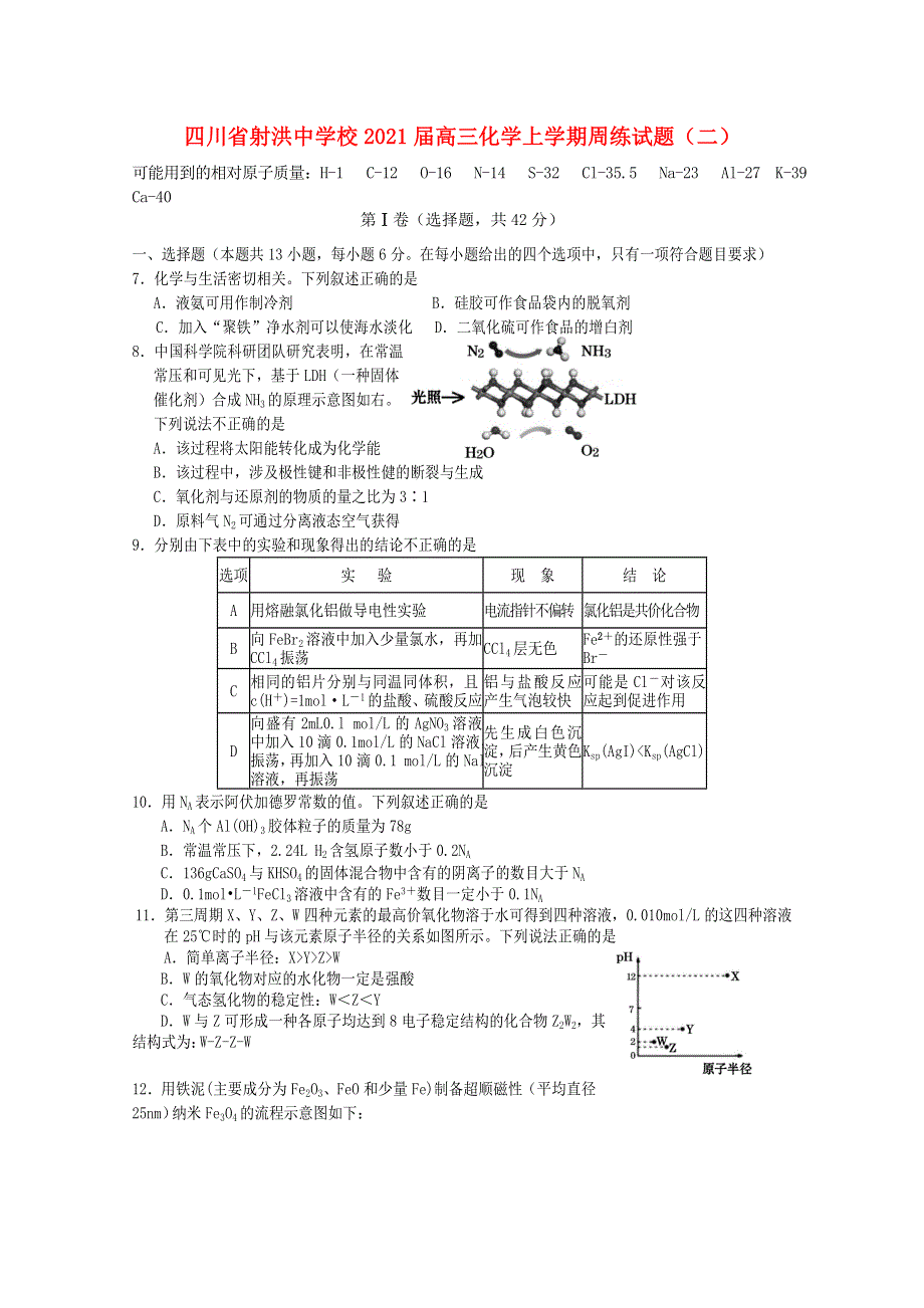 四川省射洪中学校2021届高三化学上学期周练试题（二）.doc_第1页