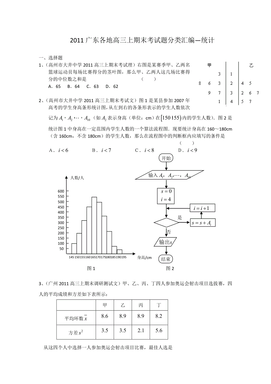 2011广东各地学校高三上学期期末考试题数学分类汇编：统计.doc_第1页