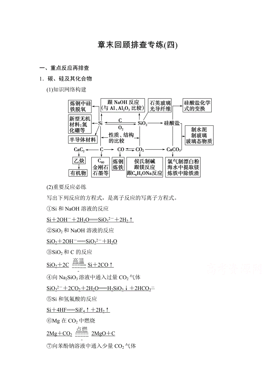 《创新设计》2015高考化学总复习（江西版）作业本：章末回顾排查专练（4）第4章 非金属及其化合物.doc_第1页