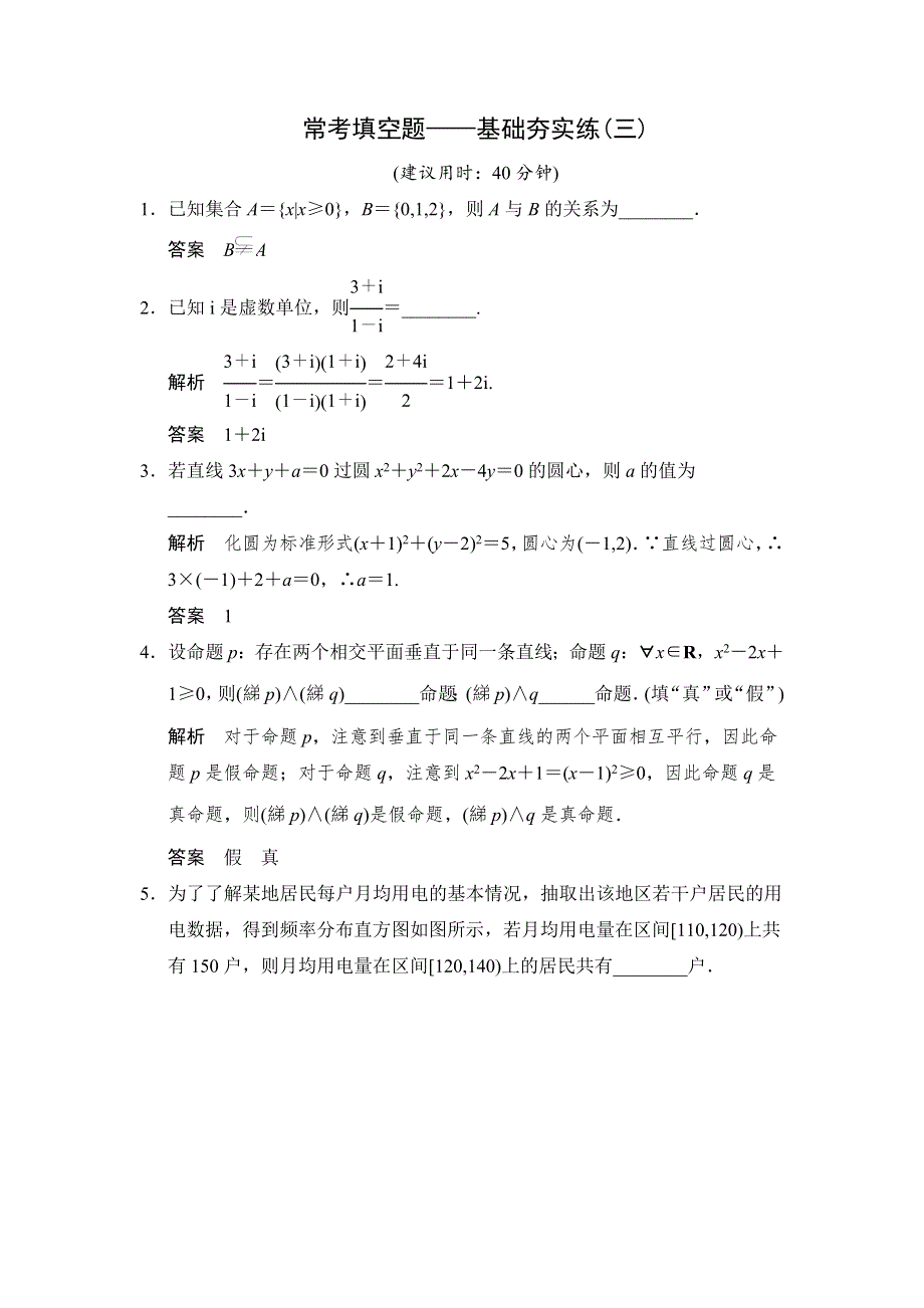 《创新设计》2015高考数学（苏教文）一轮方法测评练：常考填空题——基础夯实练3.doc_第1页