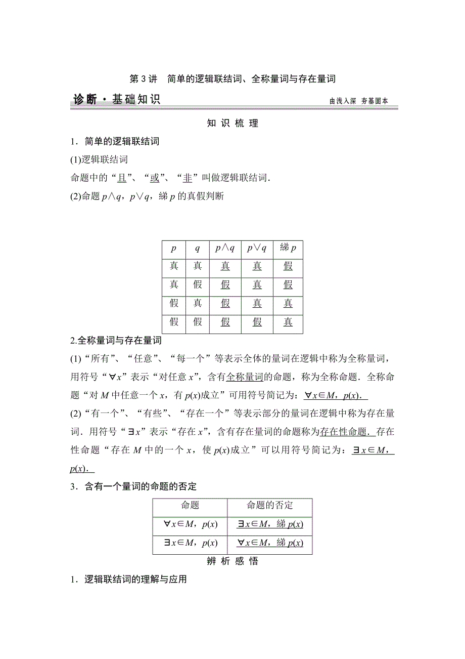 《创新设计》2015高考数学（苏教文）一轮配套文档：第1篇 第3讲　简单的逻辑联结词、全称量词与存在量词.doc_第1页