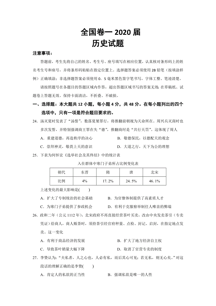 2020全国卷Ⅰ高考压轴卷 历史 WORD版含解析.doc_第1页