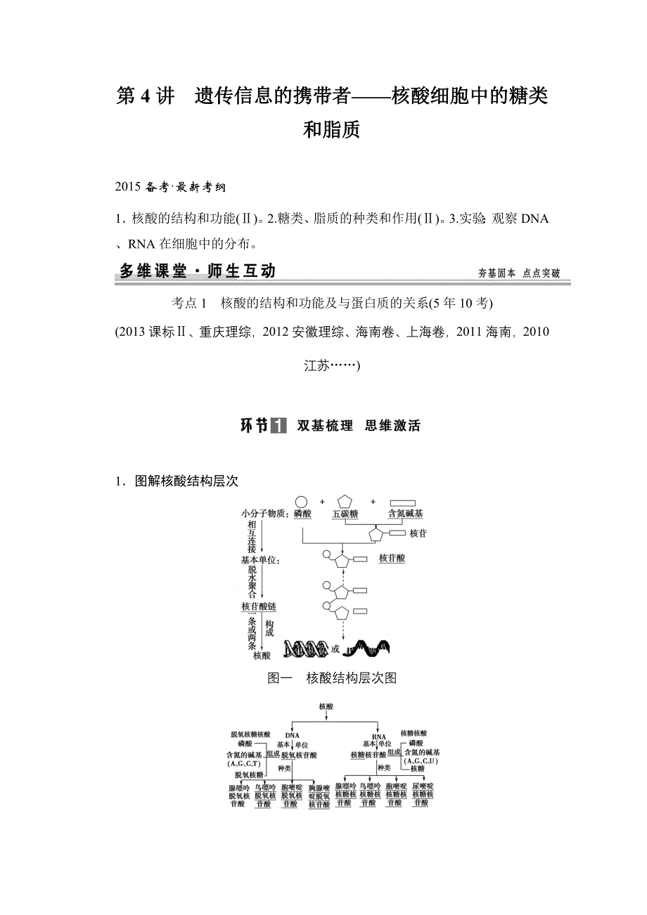 《创新设计》2015高考生物（人教版山东专用）总复习教学案：必修一 第一单元第4讲遗传信息的携带者—核酸细胞中的糖类和脂质.doc_第1页