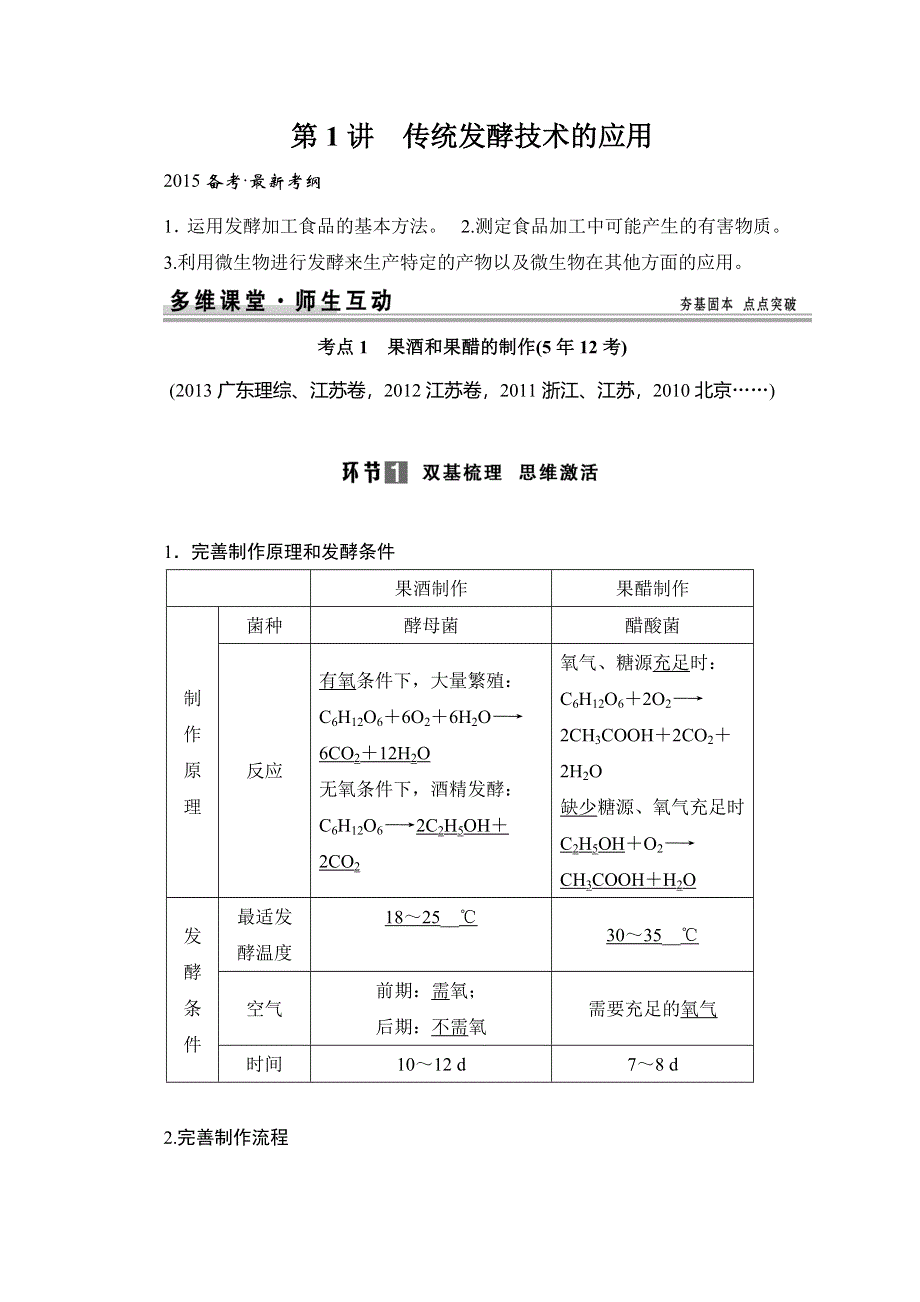 《创新设计》2015高考生物（人教版山东专用）总复习教学案：选修1 专题1 传统发酵技术的应用.doc_第1页