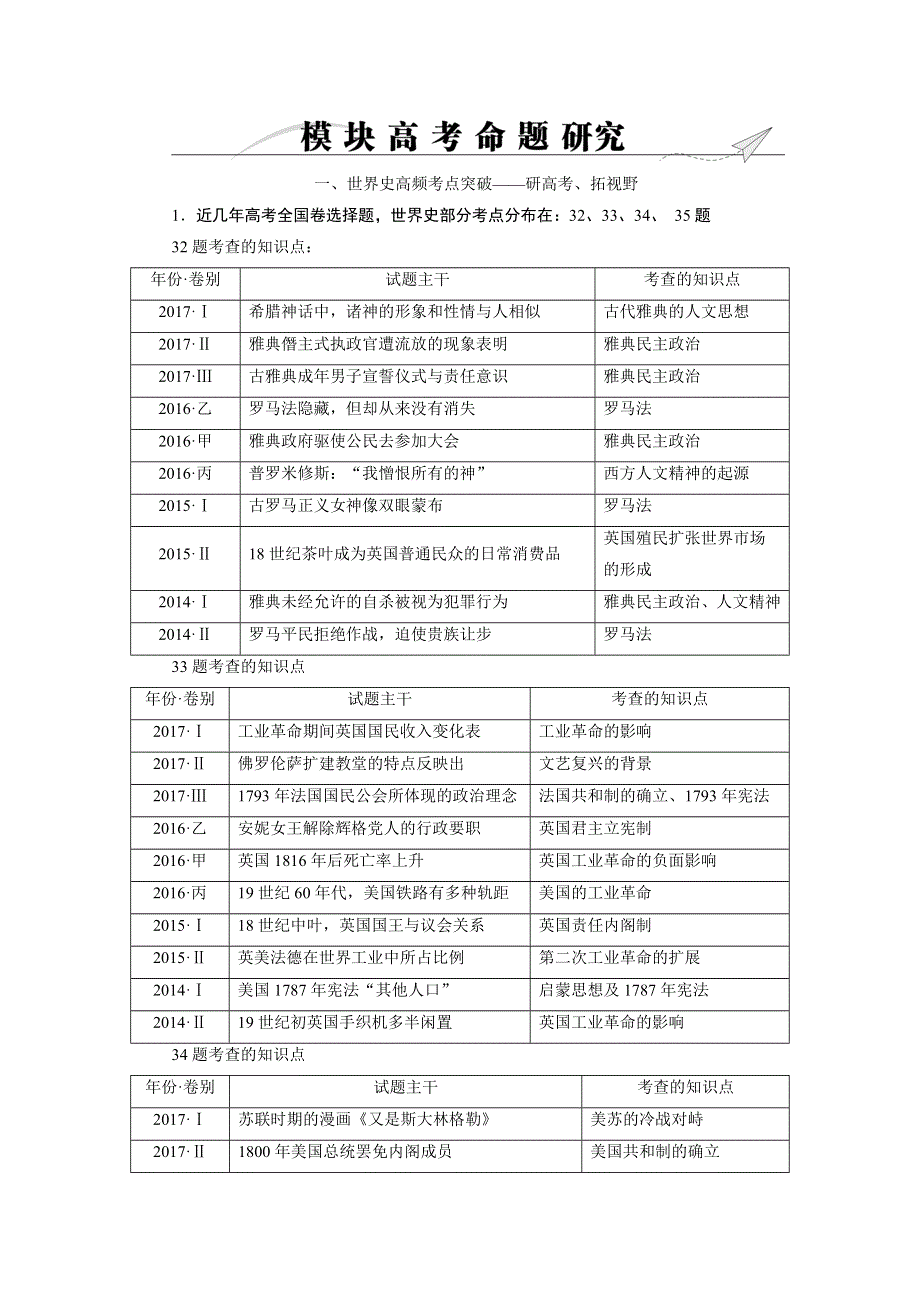 2018大二轮高考总复习历史（通史版）文档：模块03 高考命题研究1 WORD版含解析.doc_第1页