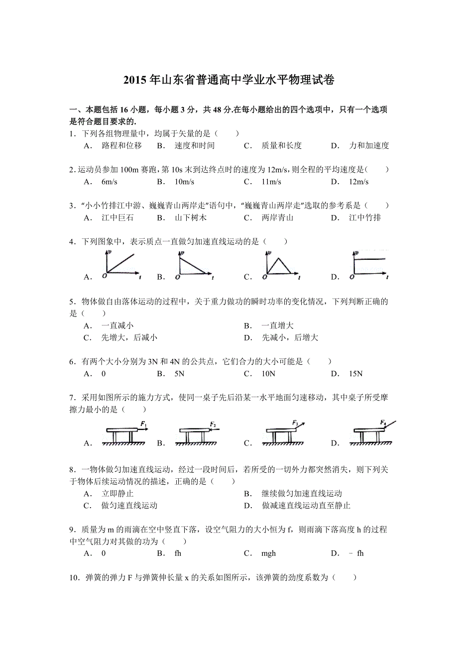 2015年山东省普通高中学业水平物理试卷 WORD版含解析.doc_第1页