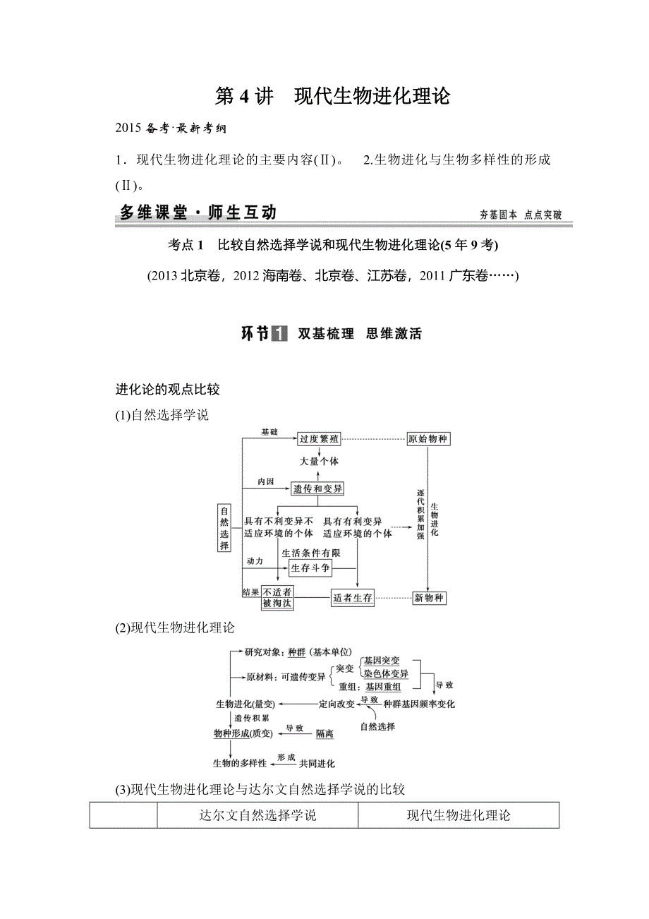 《创新设计》2015高考生物（人教版山东专用）总复习教学案：必修2 第3单元 第4讲　现代生物进化理论.doc_第1页
