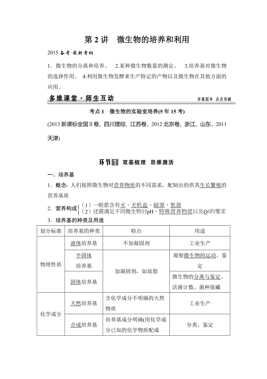 《创新设计》2015高考生物（人教版山东专用）总复习教学案：选修1 专题2 微生物的培养和利用.doc_第1页