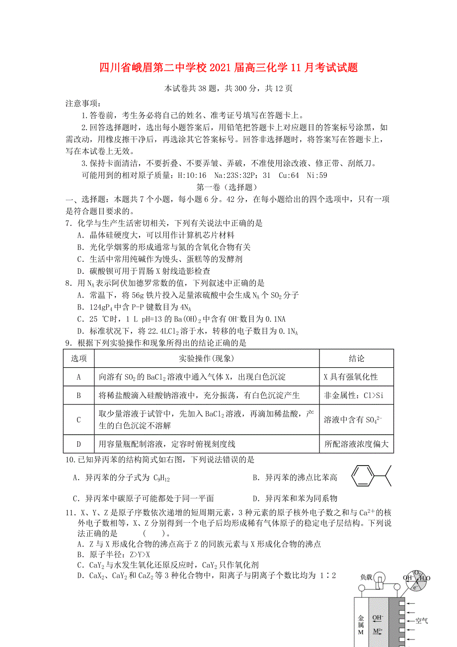 四川省峨眉第二中学校2021届高三化学11月考试试题.doc_第1页