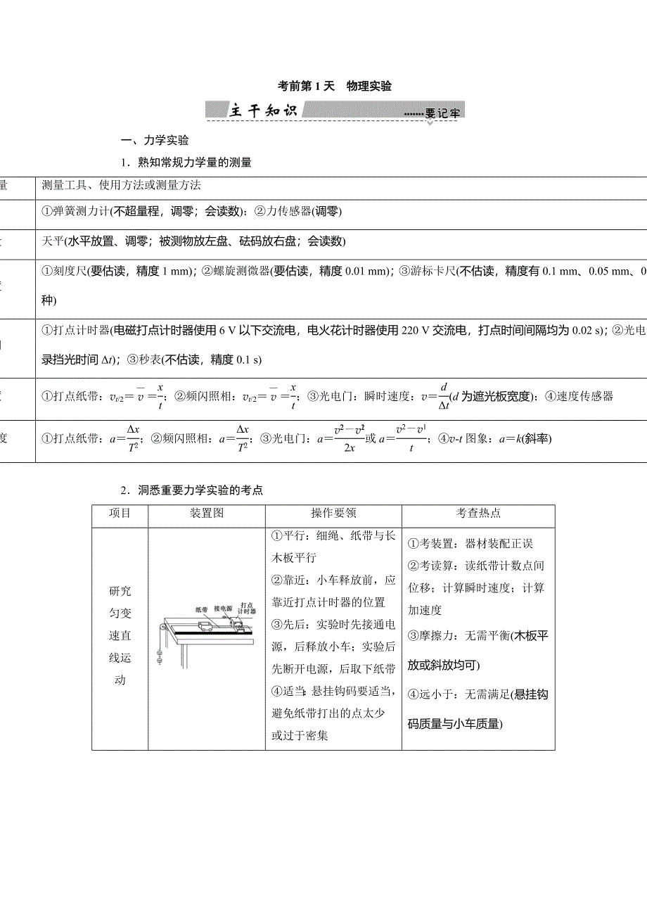 2018大二轮高考总复习物理文档：考前第1天　物理实验 WORD版含答案.DOC_第1页