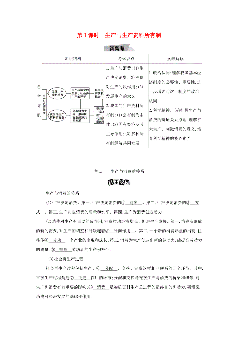 （江苏专用）2022版高考政治总复习 第二单元 生产、劳动与经营 第1课时 生产与生产资料所有制教案.docx_第1页