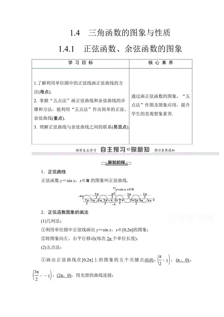 2020-2021学年人教A版数学必修4教师用书：第1章 1-4-1　正弦函数、余弦函数的图象 WORD版含解析.doc_第1页