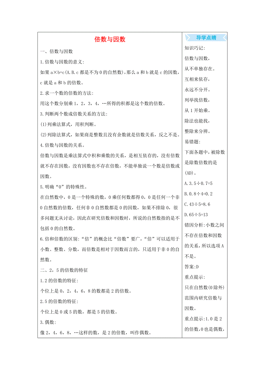 五年级数学上册 3 倍数与因数知识清单素材 北师大版.docx_第1页