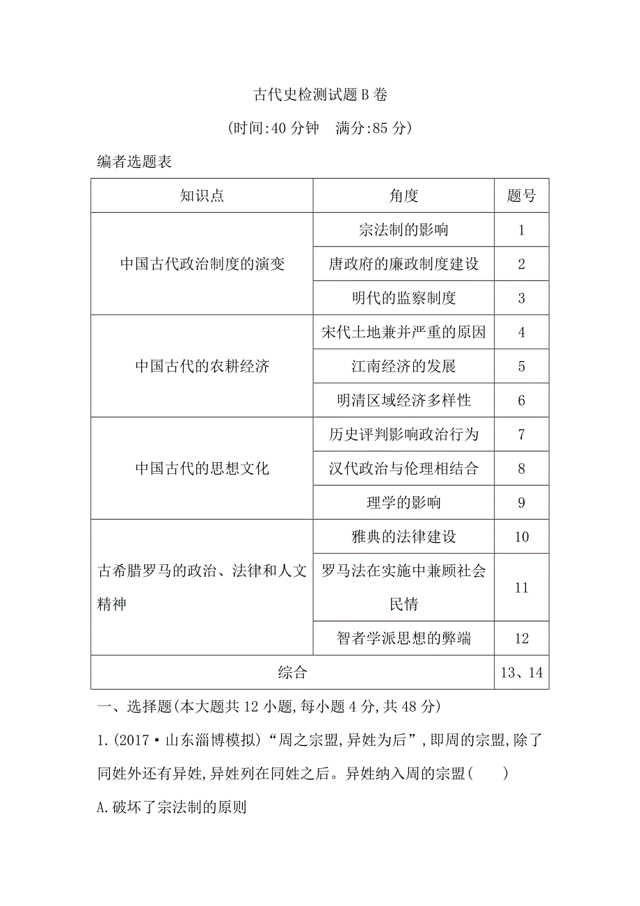 2018届《导与练》高考历史二轮专题复习配套资料试题：第一部分 古代篇　农业文明时代的中国与世界 古代史检测试题B卷 WORD版含解析.doc_第1页