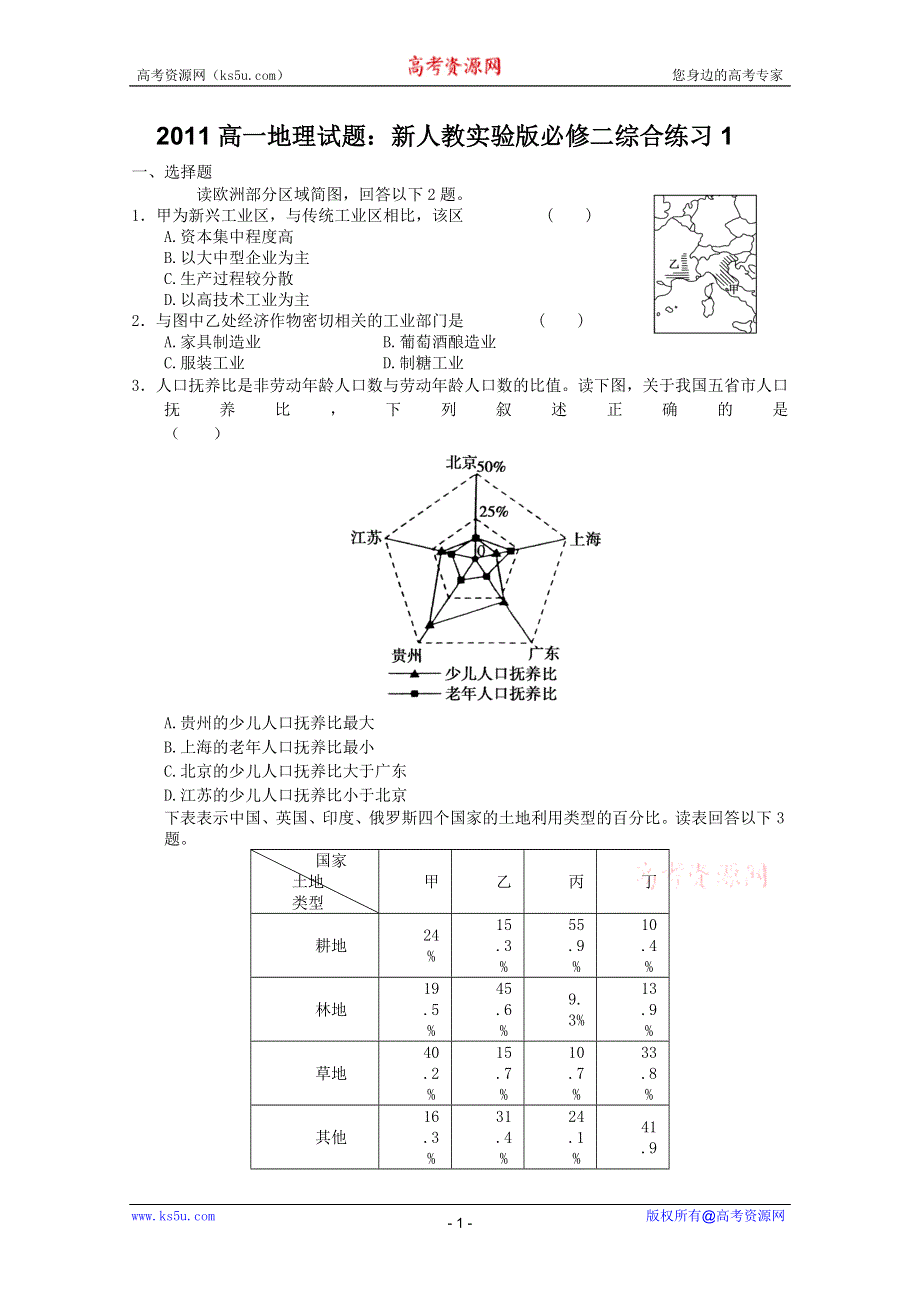 2011高一地理试题：新人教实验版必修二综合练习1.doc_第1页