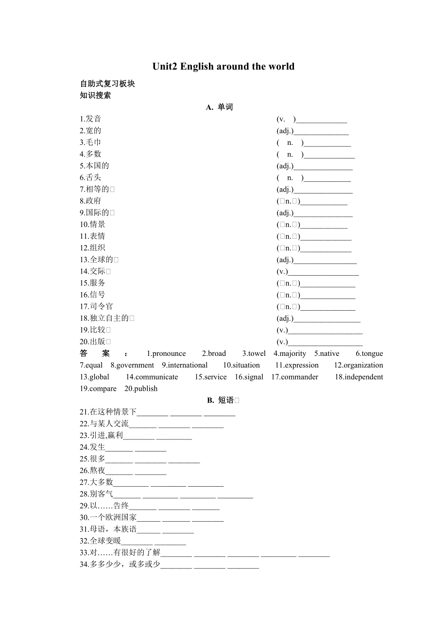 2011高一英语词汇练习：UNIT 2 ENGLISH AROUND THE WORLD（新人教必修1）.doc_第1页