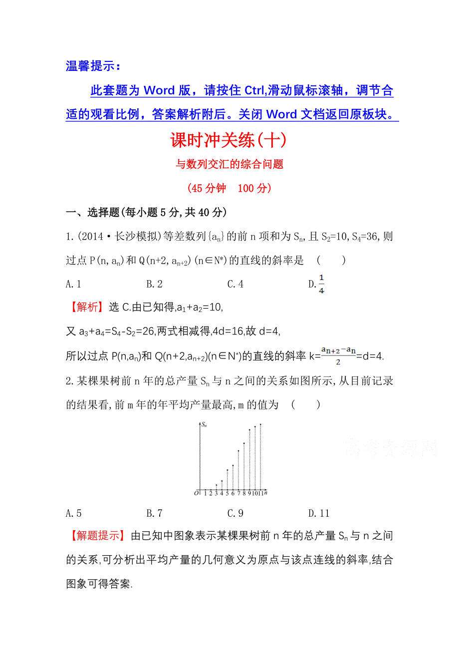 《世纪金榜》2015高考数学专题辅导与训练配套练习：课时冲关练(十)4.3与数列交汇的综合问题.doc_第1页