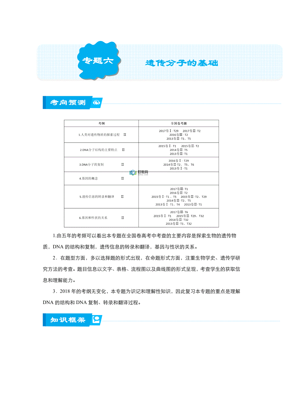 2018届北京四中高考生物二轮复习精品资源：专题6 遗传分子的基础（学生版） WORD版含答案.doc_第1页