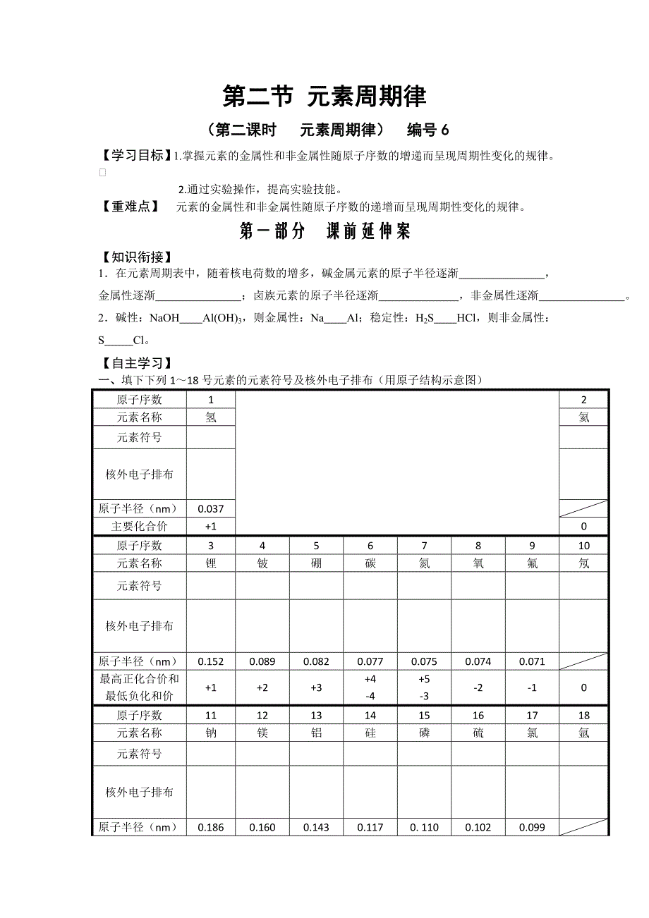 《名校推荐》湖南省衡阳八中高一化学人教版必修二学案：第一章物质结构元素周期表第二节元素周期律（第二课时元素周期律）编号6 .doc_第1页