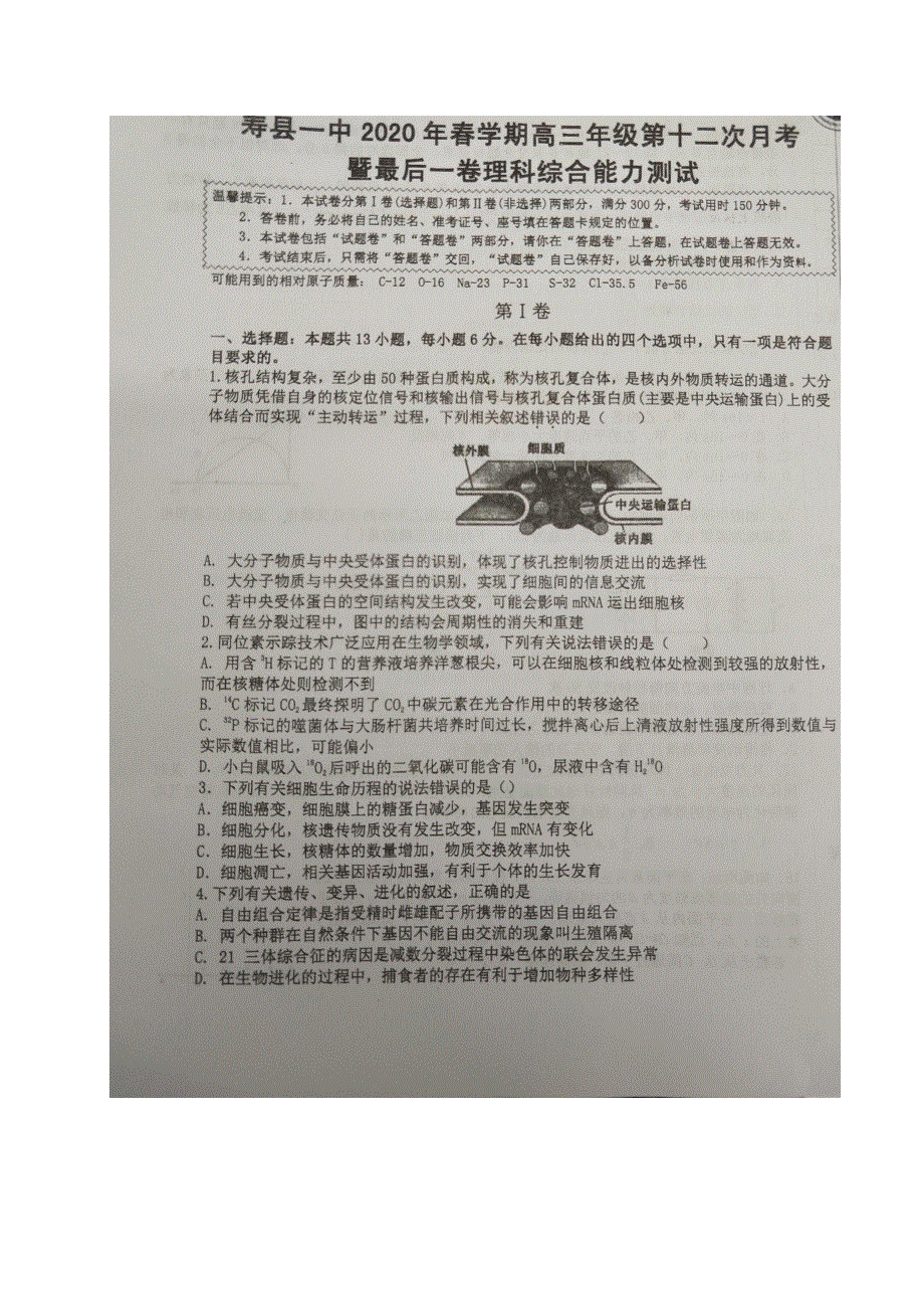 安徽省寿县一中2020届高三第十二次月考（最后一卷）理科综合试题 图片版 扫描版含答案.pdf_第1页