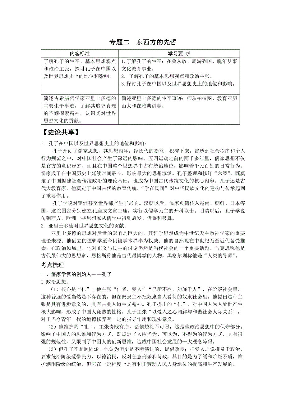 2013届高考历史一轮复习冲A新方案：专题二 东西方的先哲（人教选修四）.doc_第1页