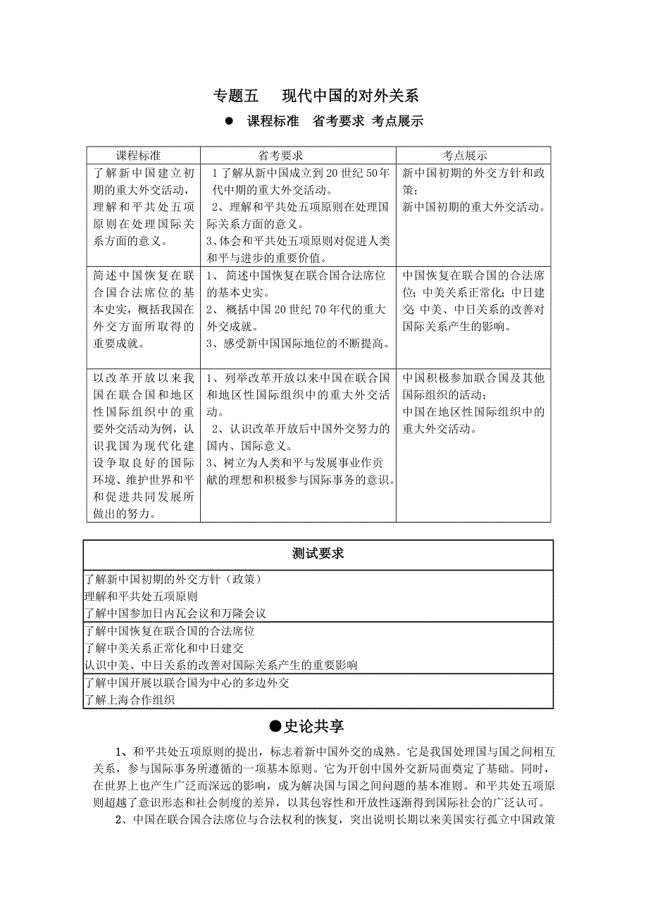 2013届高考历史一轮复习冲A新方案：专题五 现代中国的对外关系（人教版）.doc_第1页