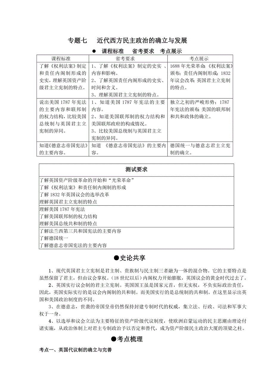 2013届高考历史一轮复习冲A新方案：专题七 近代西方民主政治的确立与发展（人教版）.doc_第1页