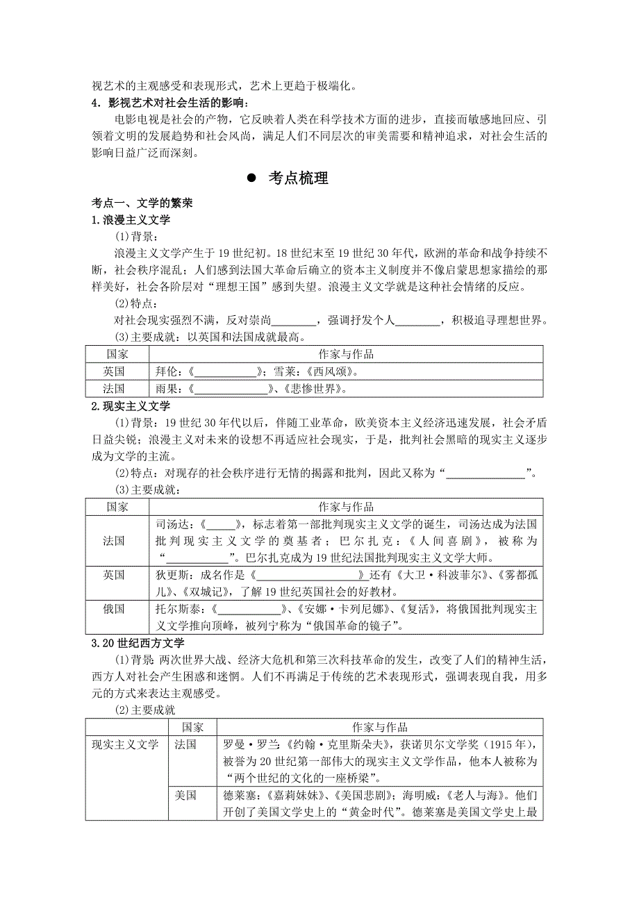 2013届高考历史一轮复习冲A新方案：专题七 19世纪以来的世界文学艺术（人教必修3）.doc_第2页