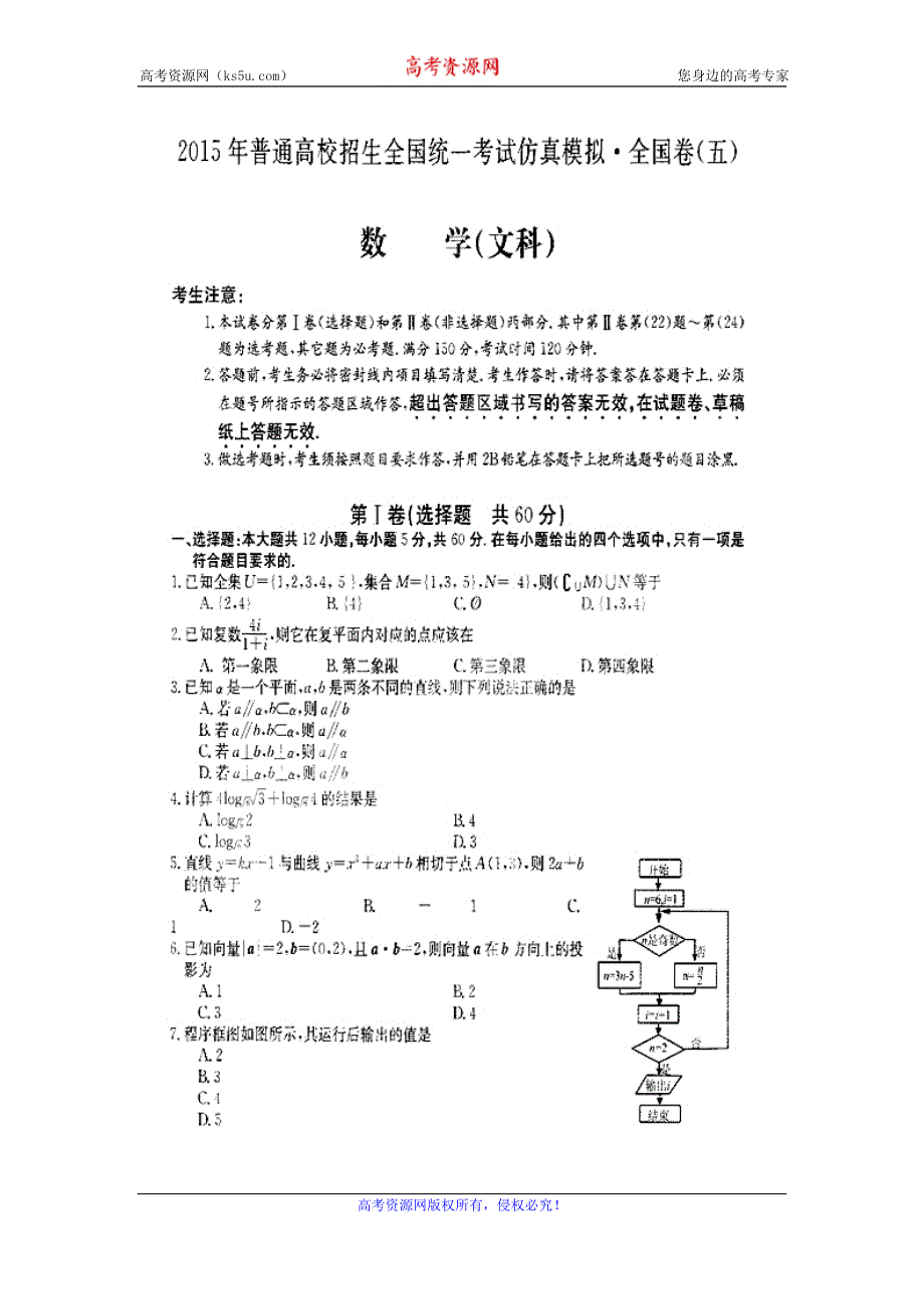 2015年普通高校招生全国统一考试仿真模拟·全国卷（五）数学（文）试题 扫描版含答案.doc_第1页