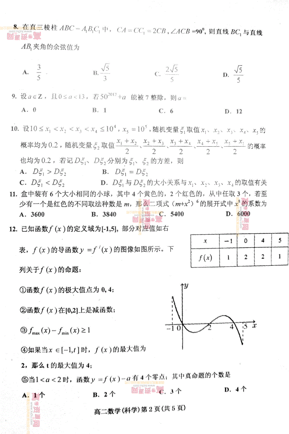 《首发》山东省潍坊三县2011-2012学年高二下学期期末考试 理科数学试题 PDF版.pdf_第2页