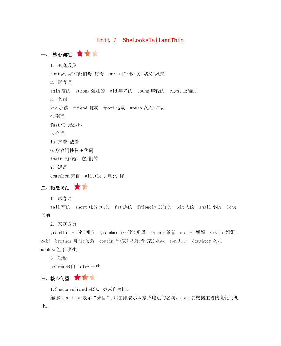 五年级英语上册 Unit 7 She looks tall and thin知识清单素材 陕旅版（三起）.docx_第1页