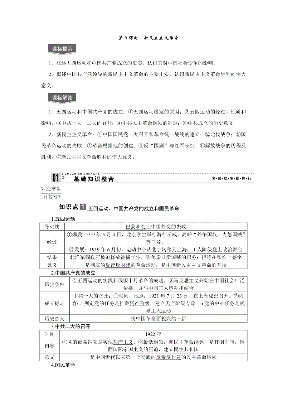 2013届高考历史一轮复习精品学案：第6课时新民主主义革命.doc_第1页