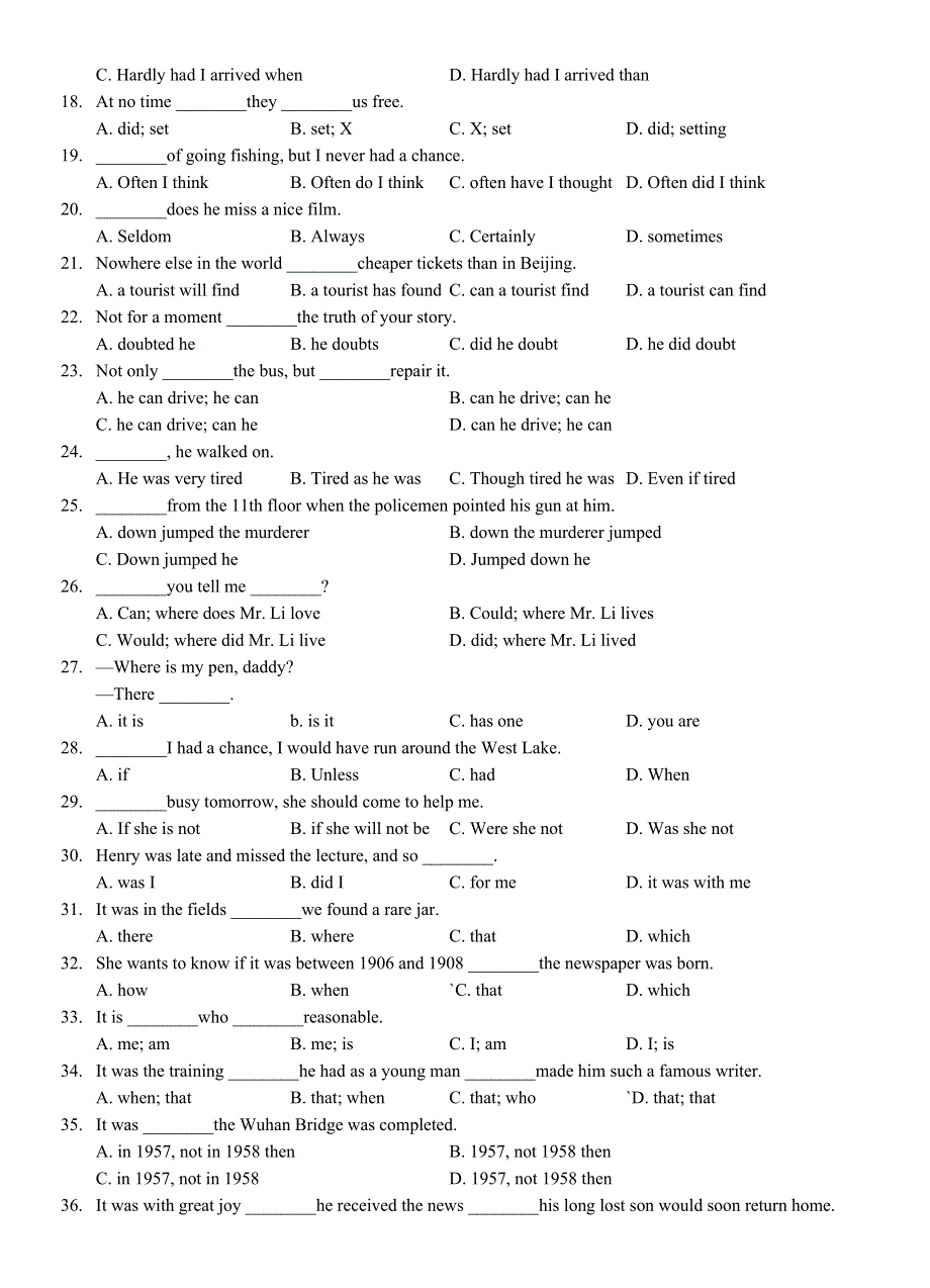 2015年暑期初高中衔接英语语法专项练习：XV倒装与“IT” WORD版含答案.doc_第2页