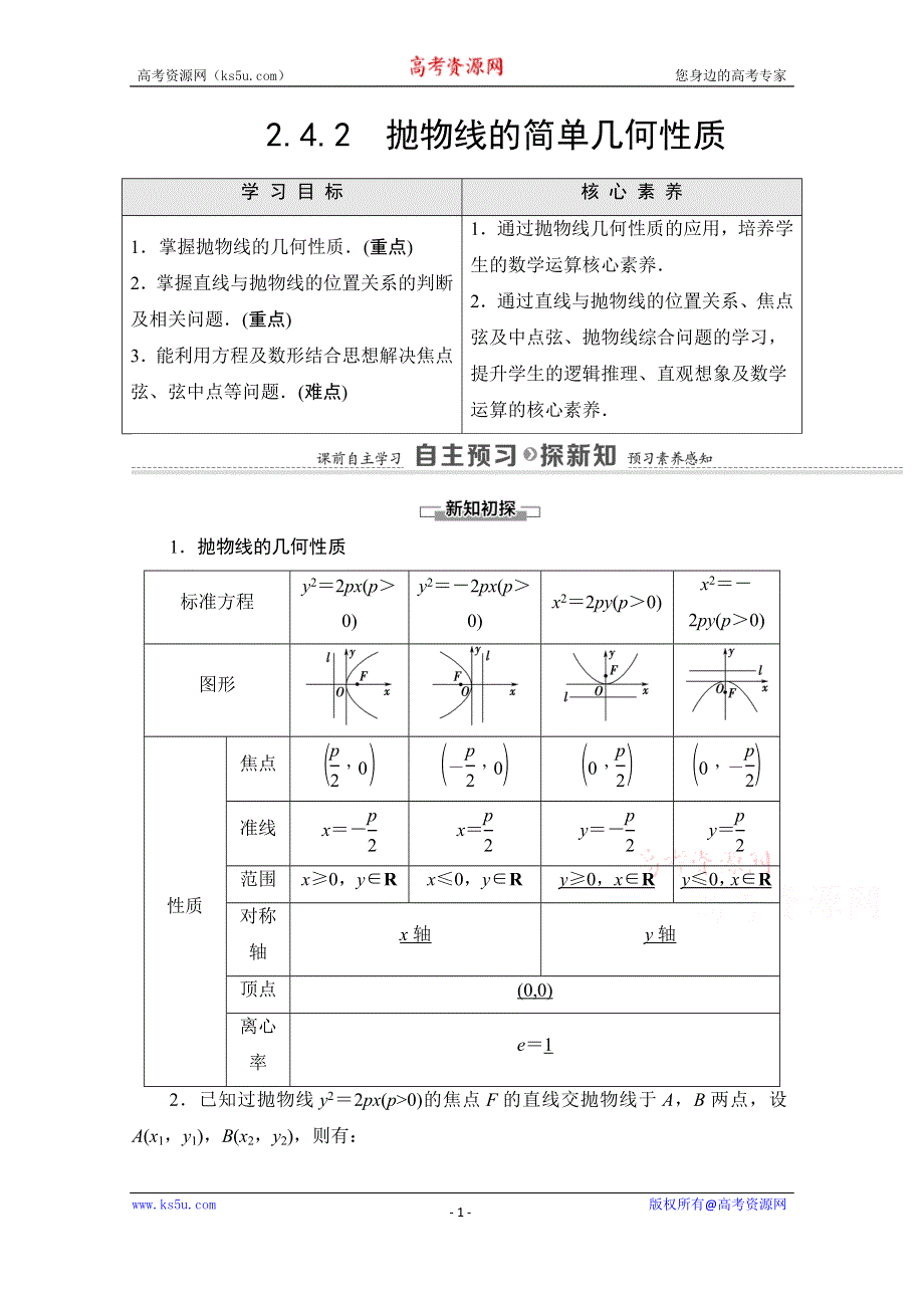 2020-2021学年人教A版数学选修2-1教师用书：第2章 2-4-2　抛物线的简单几何性质 WORD版含解析.doc_第1页