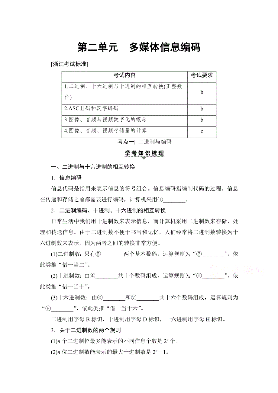 2018届高三信息技术（浙江学考）一轮复习文档 多媒体技术应用 第2单元 多媒体信息编码 教师用书 WORD版含答案.doc_第1页