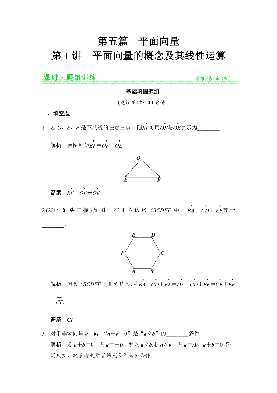 《创新设计》2015高考数学（苏教理）一轮题组训练：5-1平面向量的概念及其线性运算.doc_第1页