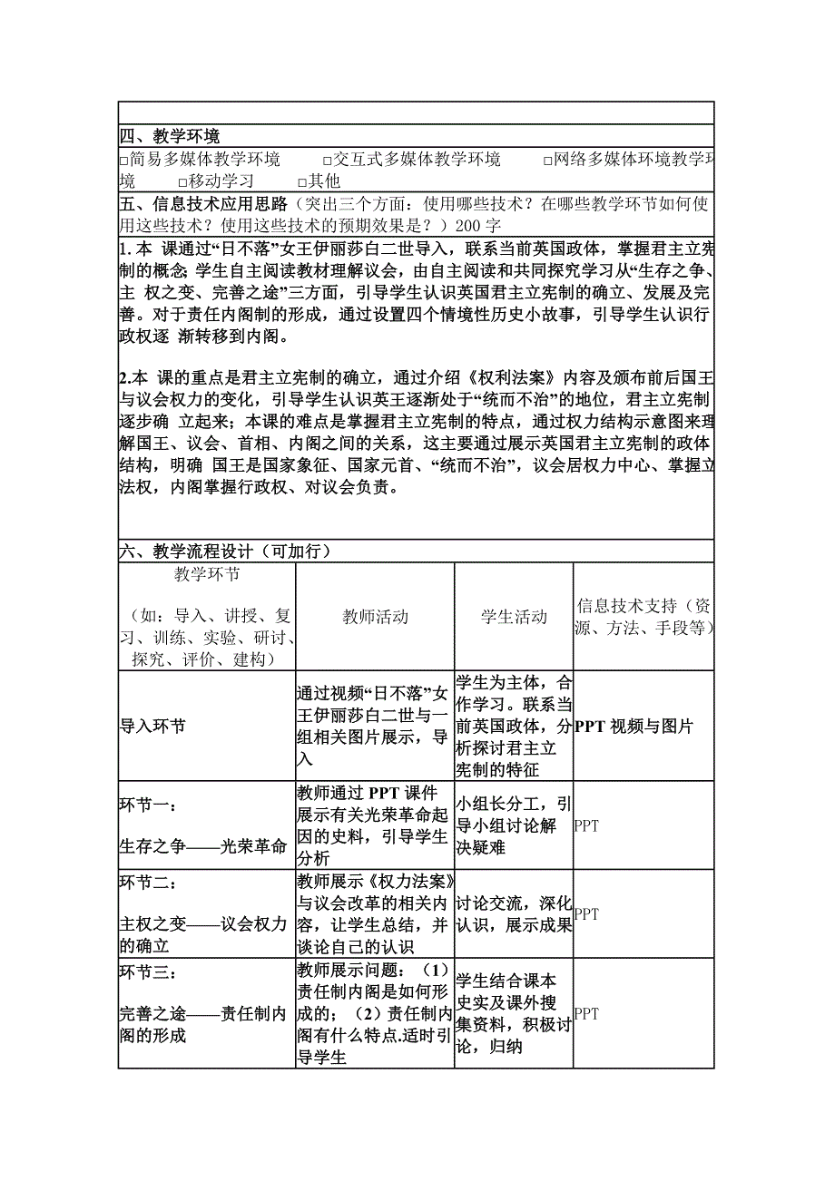 2015年山东教师全员远程研修优秀作业 高中历史岳麓版必修一教案 第8课 英国的制度创新5.doc_第2页