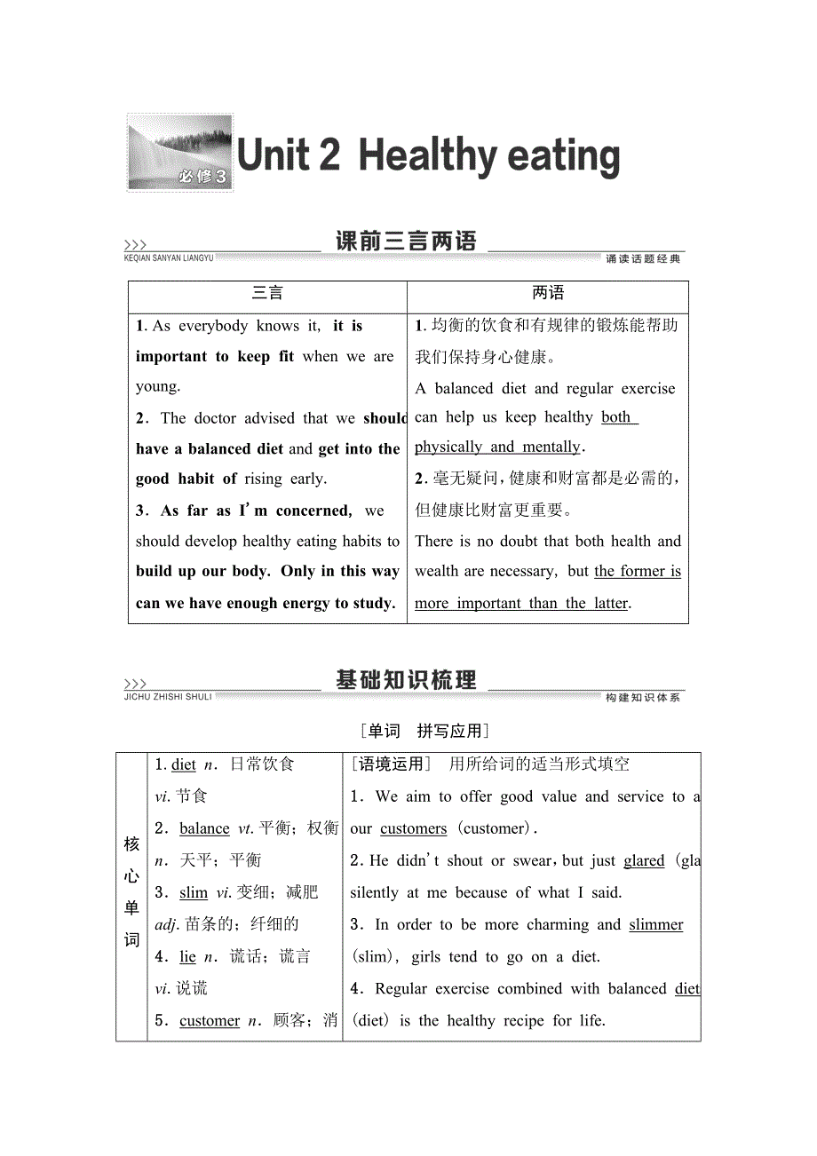 2020人教版高中英语课堂同步必修3学案 UNIT 2　HEALTHY EATING WORD版含答案.doc_第1页