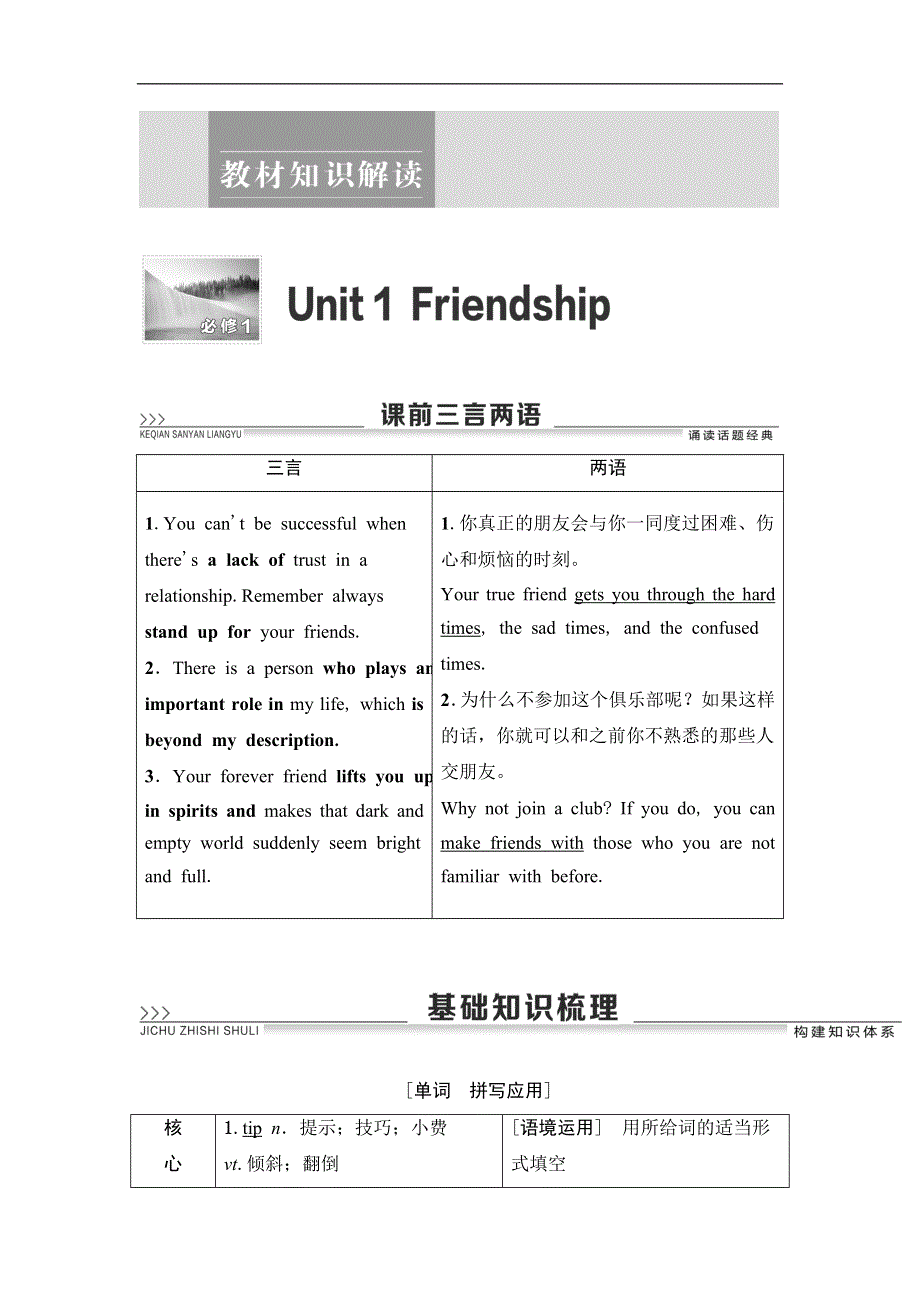 2020人教版高中英语课堂同步 必修1学案 UNIT 1 FRIENDSHIP WORD版含答案.doc_第1页