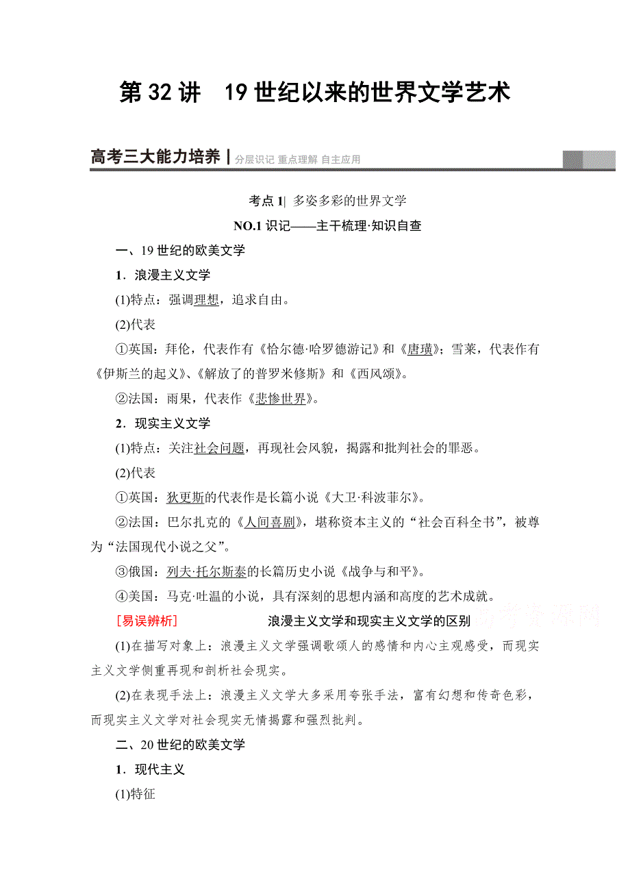 2018北师大版历史高考一轮复习 第16单元 第32讲 19世纪以来的世界文学艺术 WORD版含答案.doc_第1页