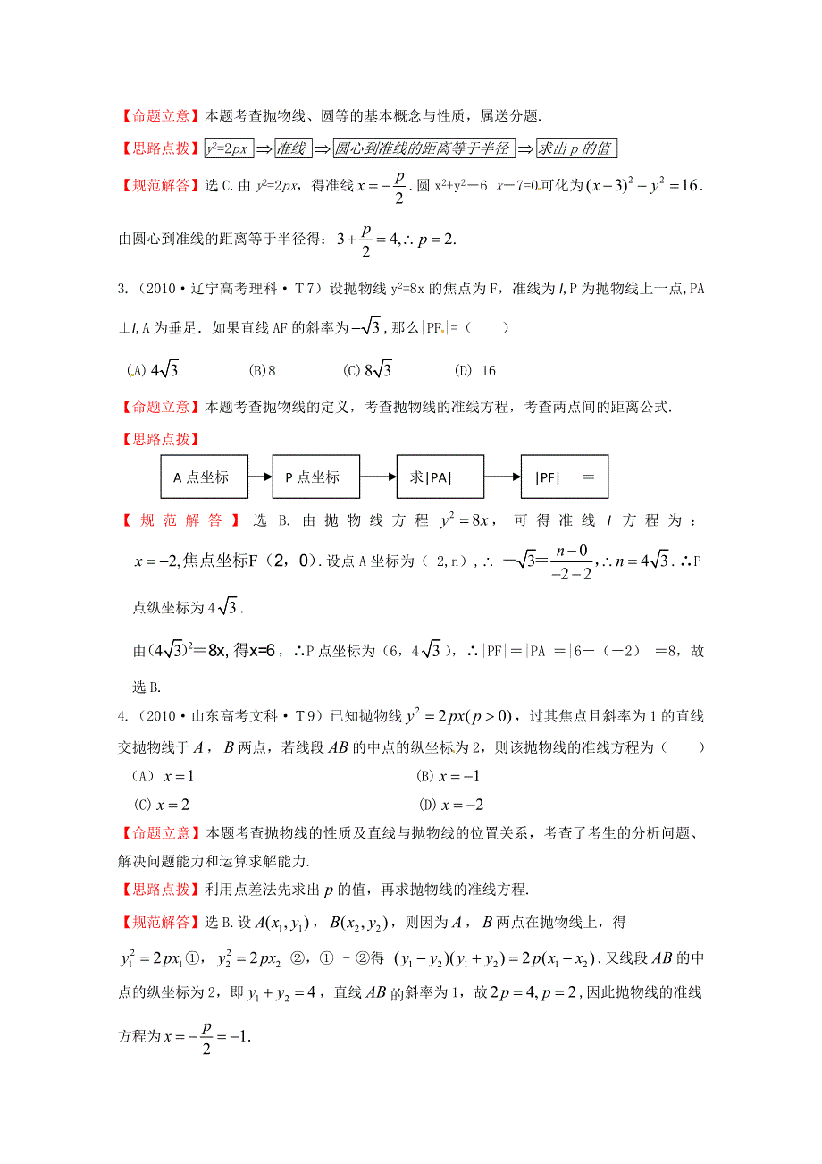 《五年经典推荐 全程方略》2015届高考数学专项精析精炼：2010年考点24 抛物线 WORD版含解析.doc_第2页